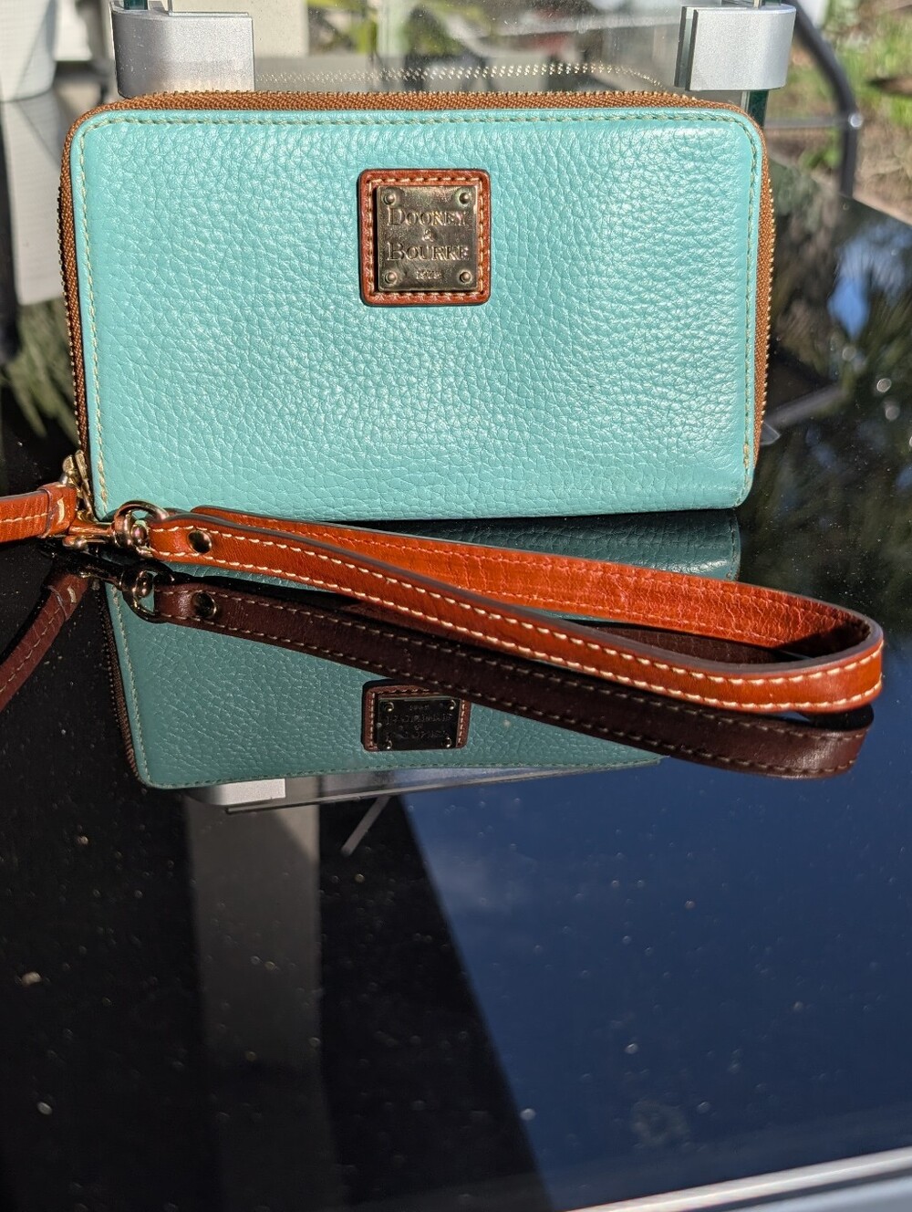 Dooney & Bourke Aqua Pebbled Leather Wristlet with Brown Trim